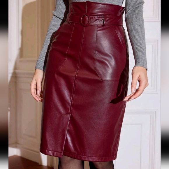 Vintage Elegant Women High Waist PU Leather Pockets Bodycon Skirt With Belt - Picture 1 of 5